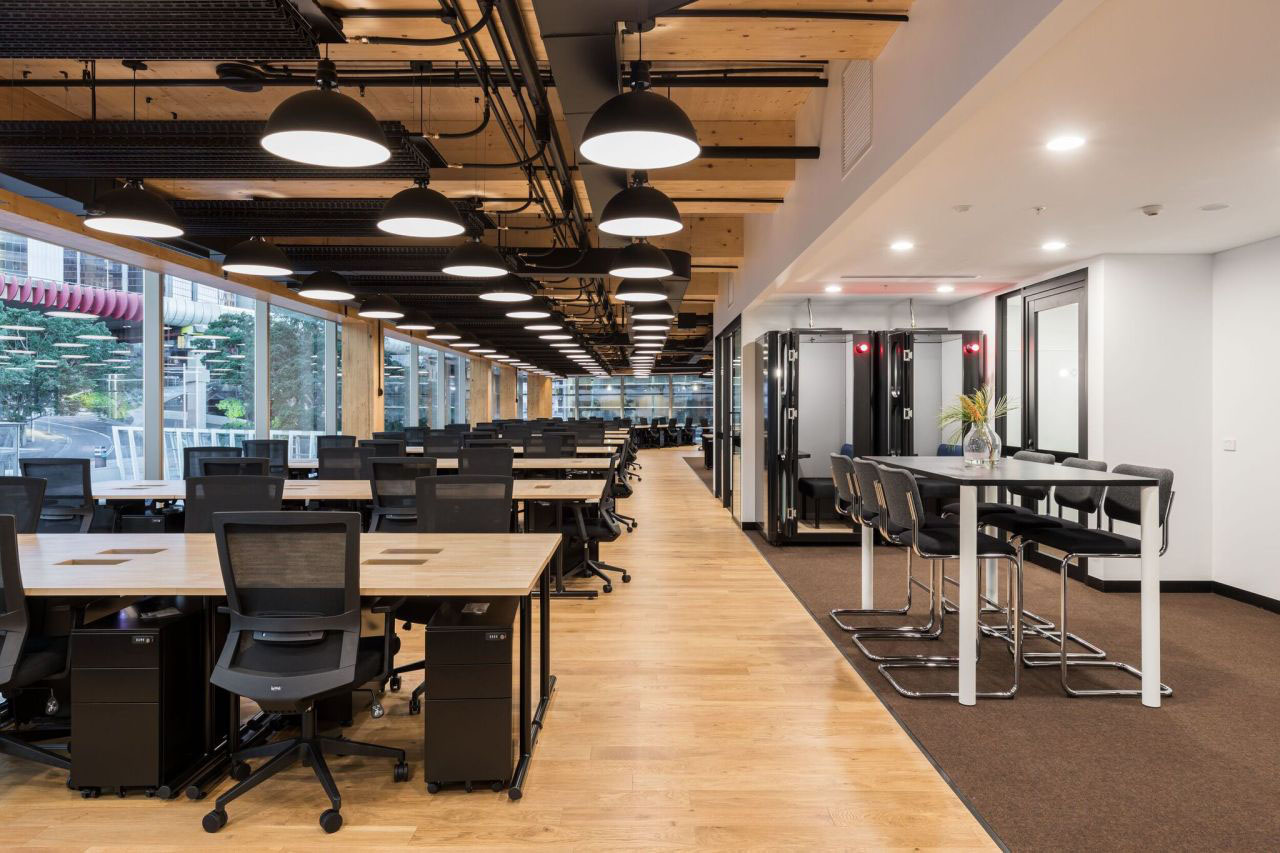 Bright, modern open-plan office with wooden desks, black chairs, and large windows overlooking a leafy street.