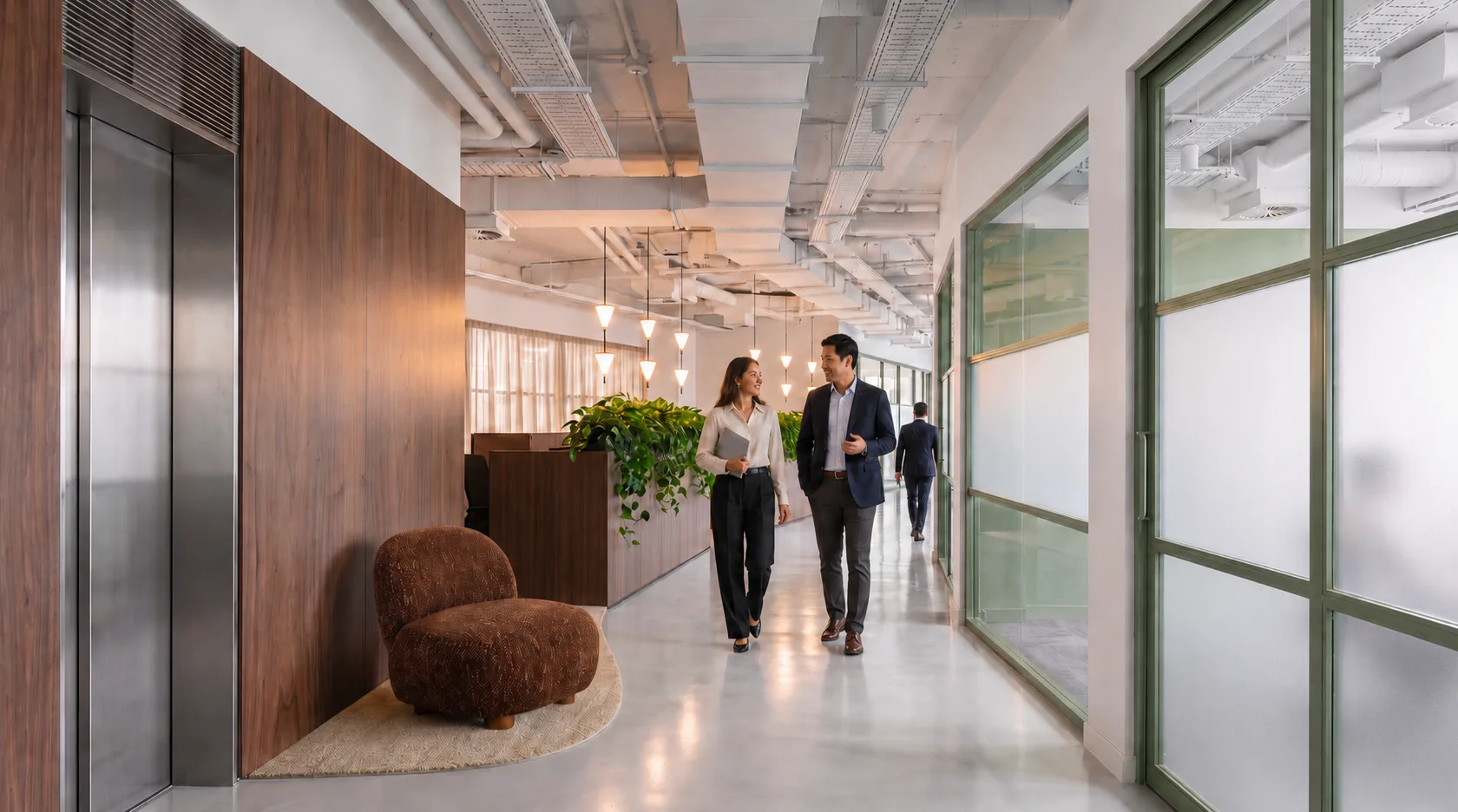 Modern office corridor with polished concrete floors, wood-panelled walls, and glass-walled meeting rooms under bright industrial lighting.