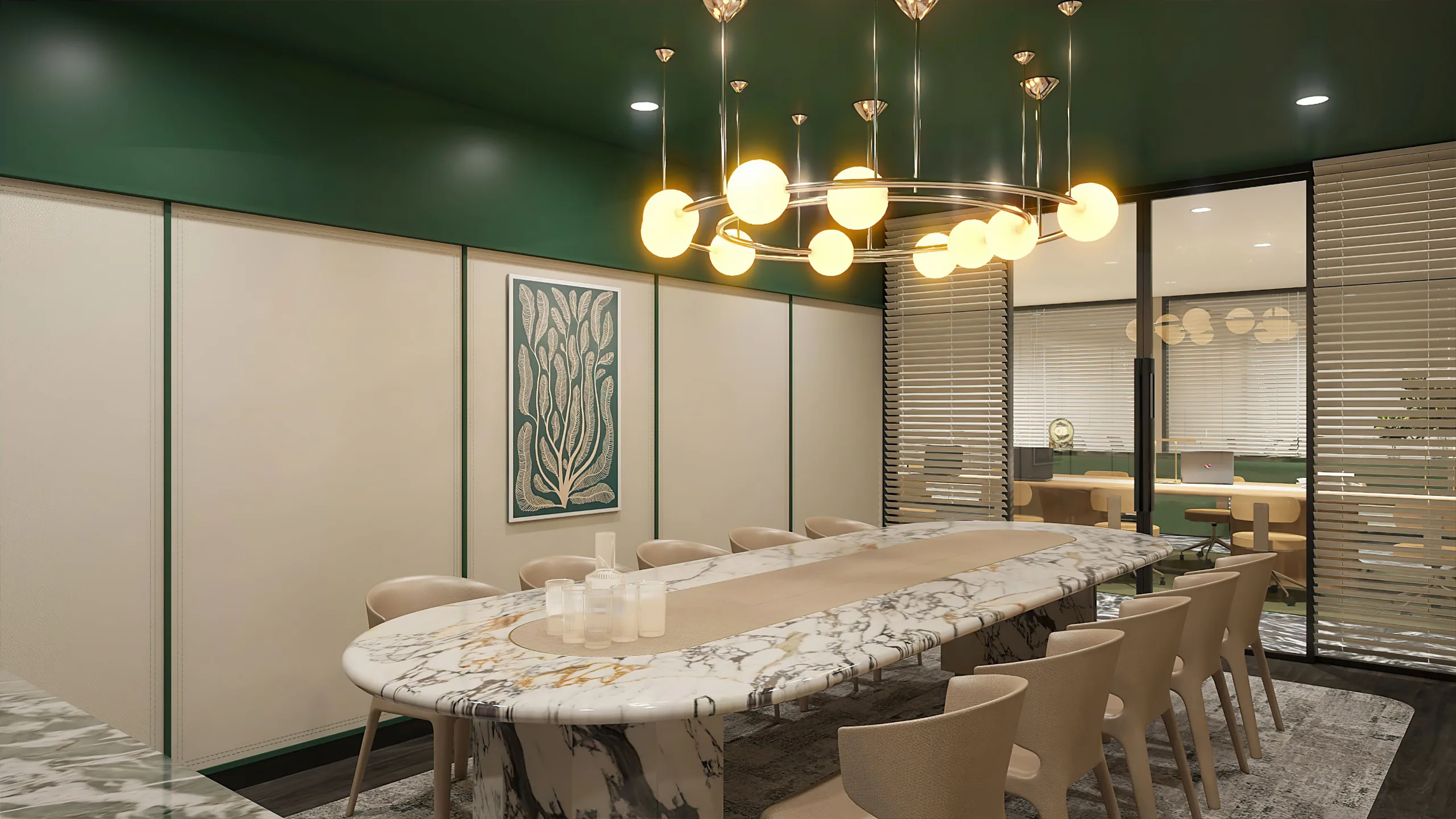 Modern meeting room featuring a long marble table, beige chairs, and a large circular globe chandelier.