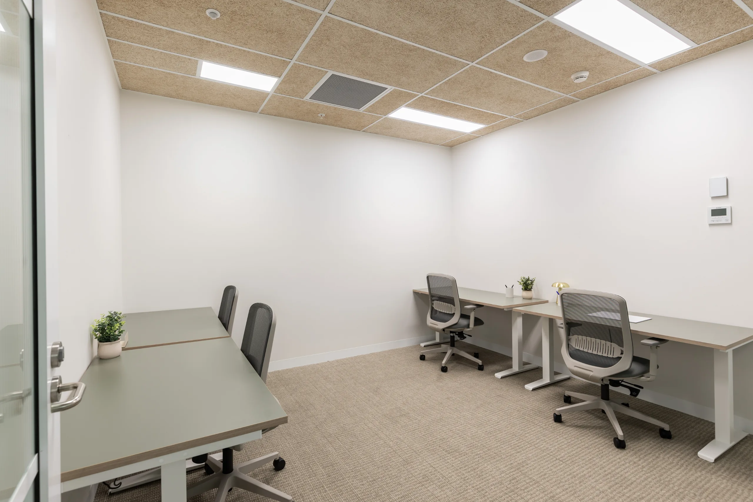 Bright office room featuring two grey desks with ergonomic chairs and neutral-coloured carpeting under recessed ceiling lights.