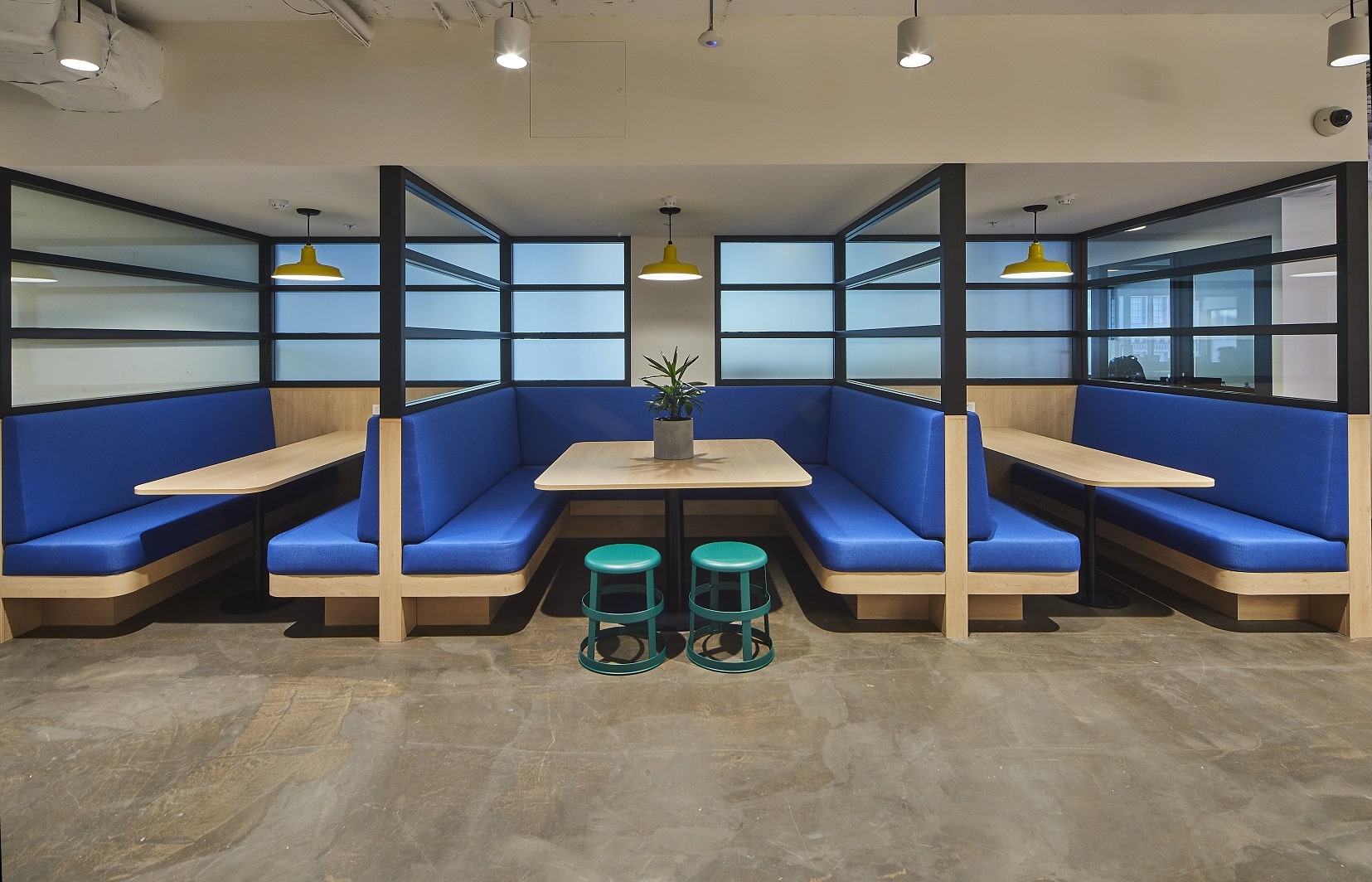 Three blue upholstered booth seating areas with light timber tables and pendant lighting in a modern office.