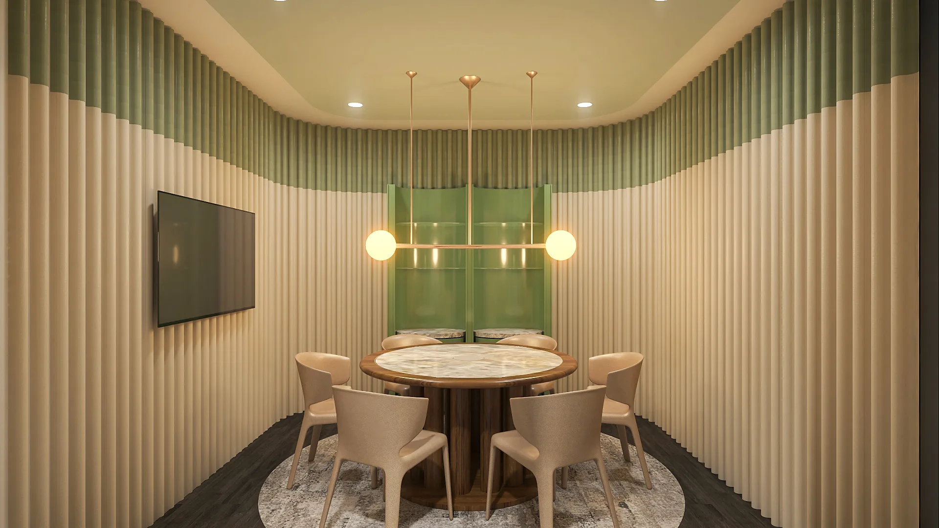 Modern meeting room featuring a round marble table, beige chairs, and fluted walls with green accents.