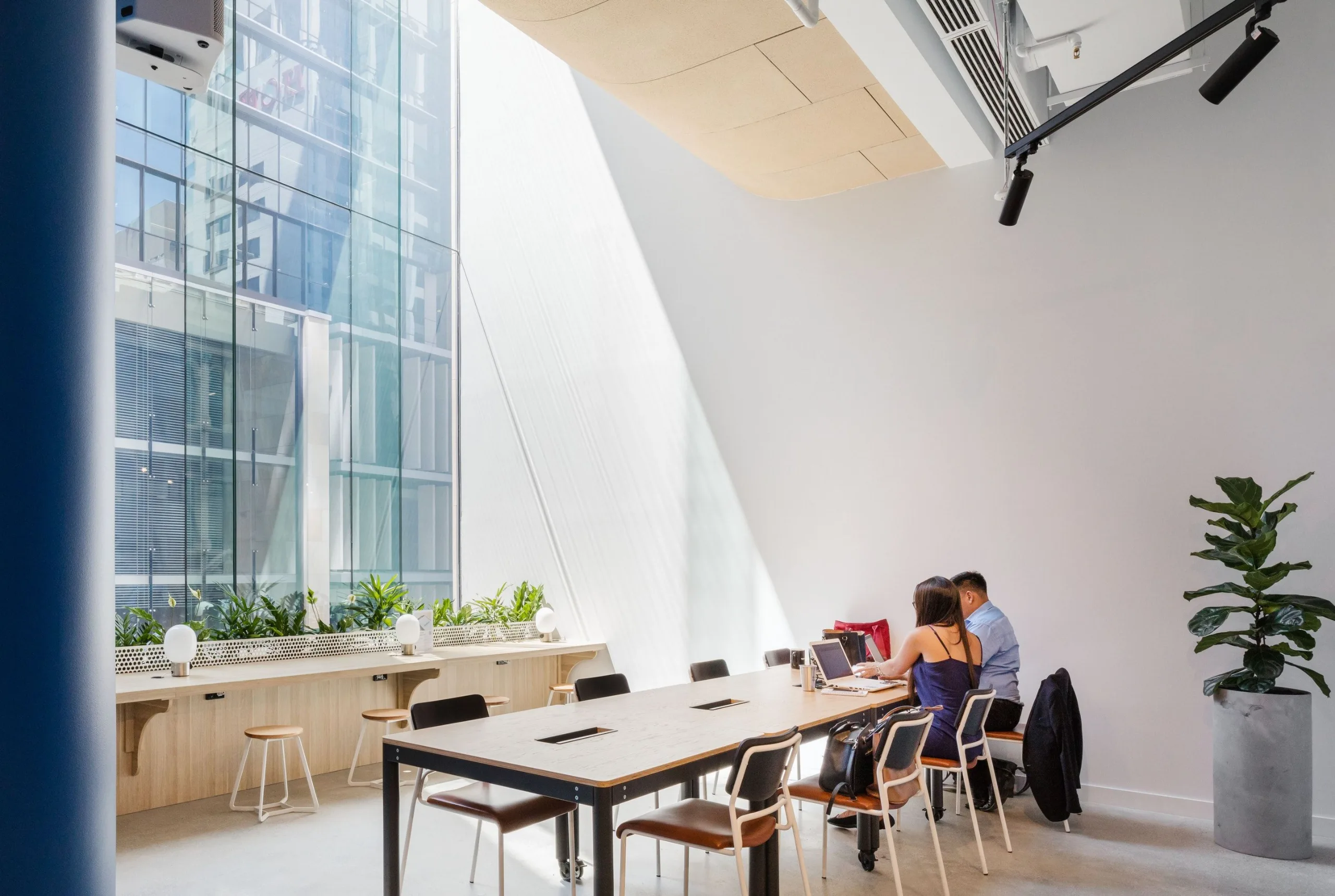 Bright, modern office space with large windows, wooden desks, and people working in a sunlit communal area.