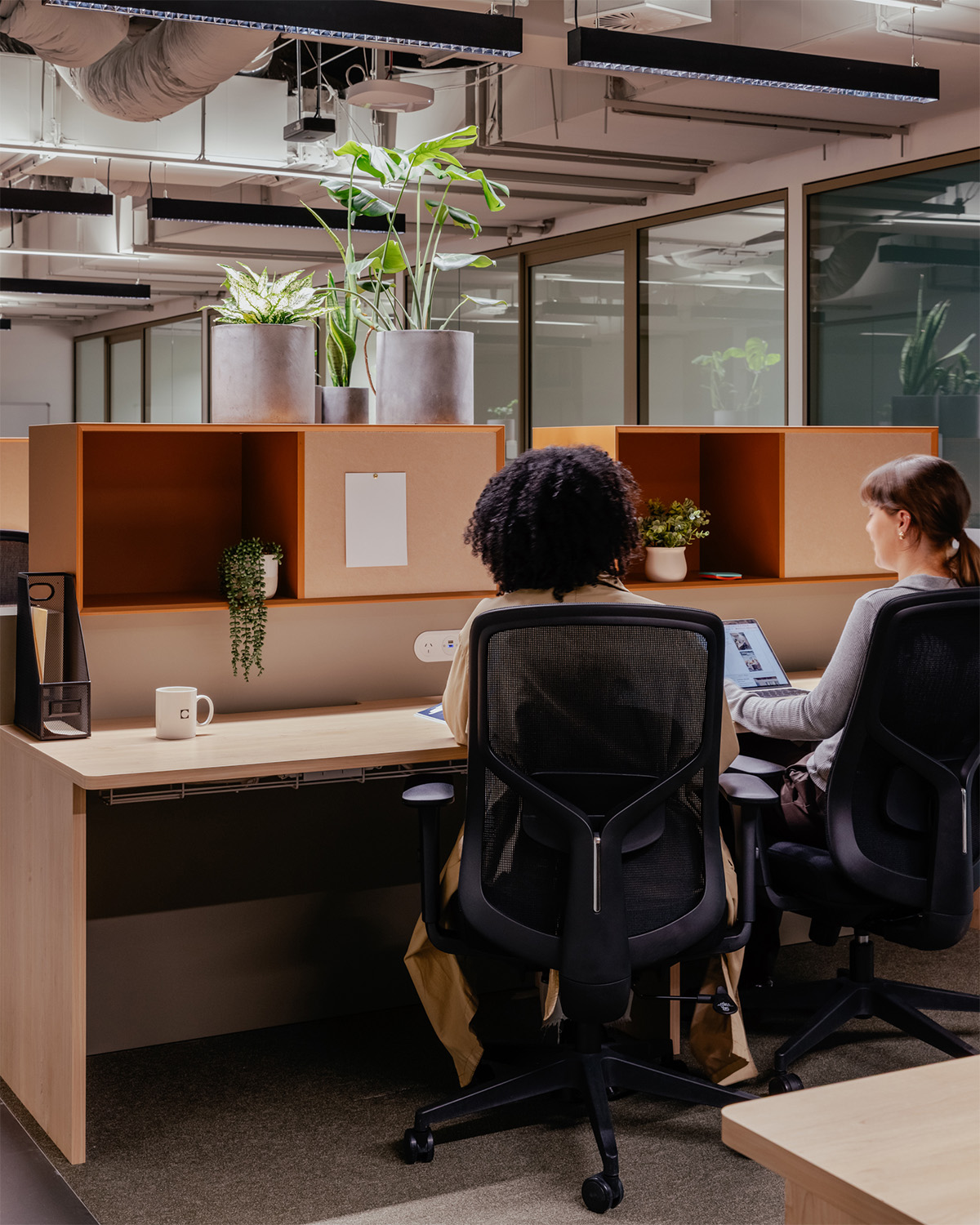 Two people sit at a long wooden desk in a bright, modern office with indoor plants.