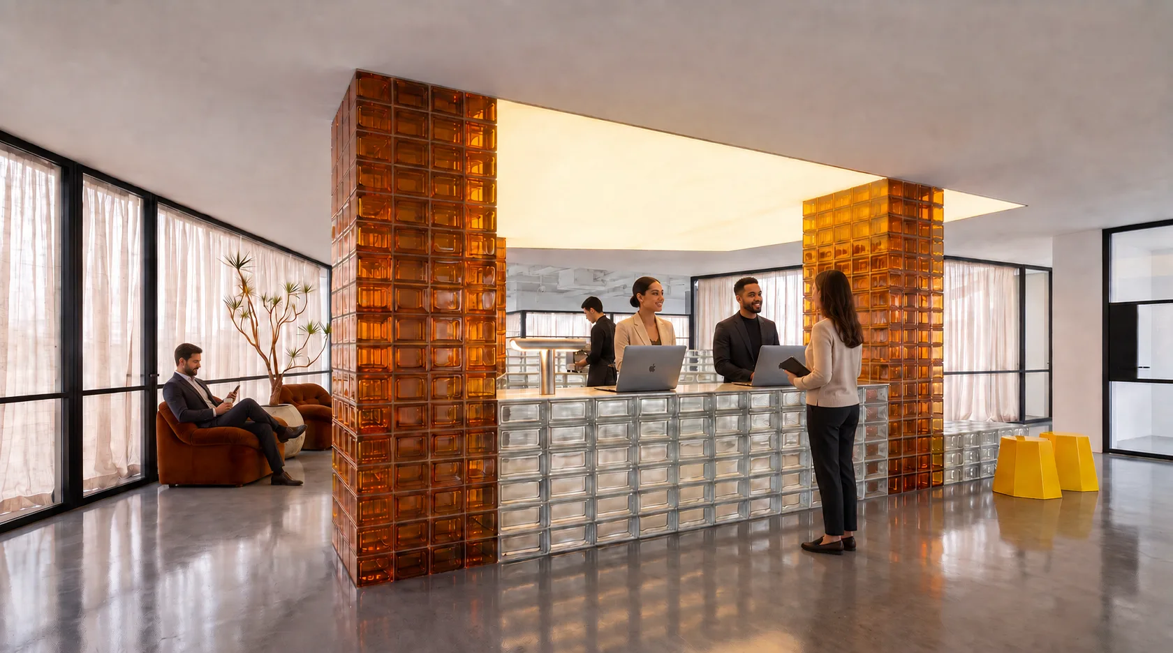 Modern office reception area featuring amber glass block pillars, a marble counter, and bright natural light.