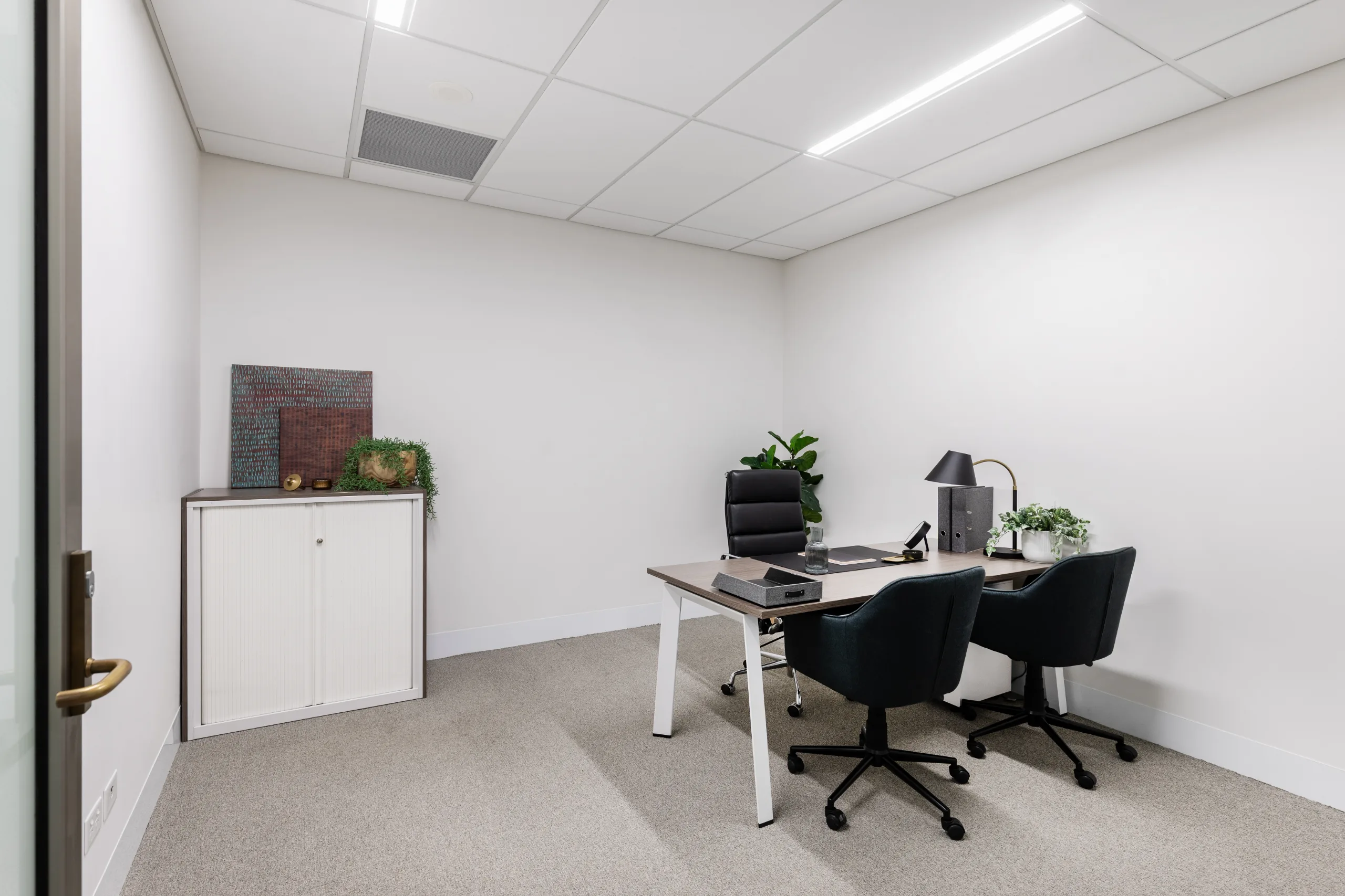 Bright office room featuring a wooden desk, two black chairs, a white sideboard, and a potted plant.