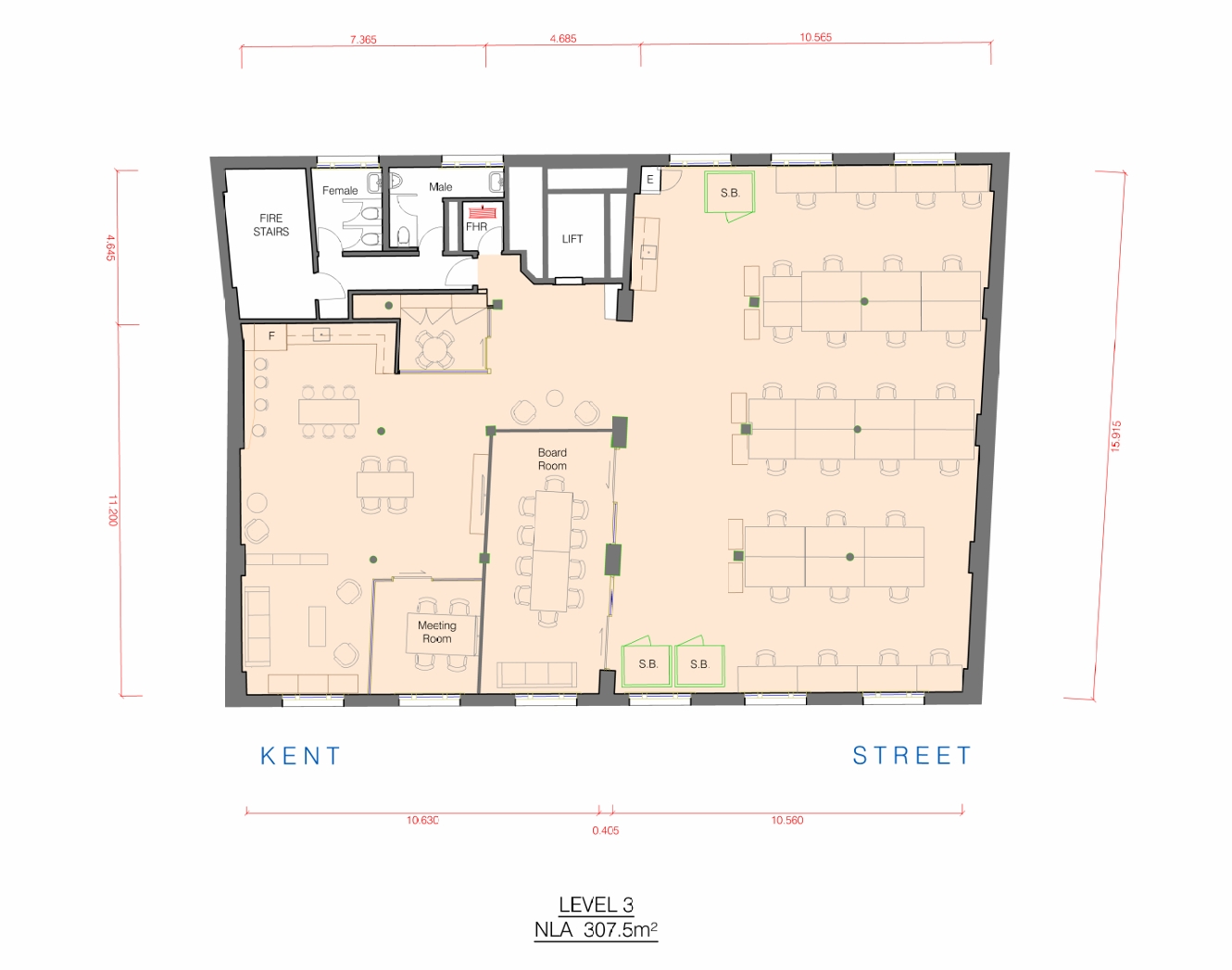 Floor plan of a 307.5 square metre office space featuring meeting rooms, boardrooms, and open workstations.