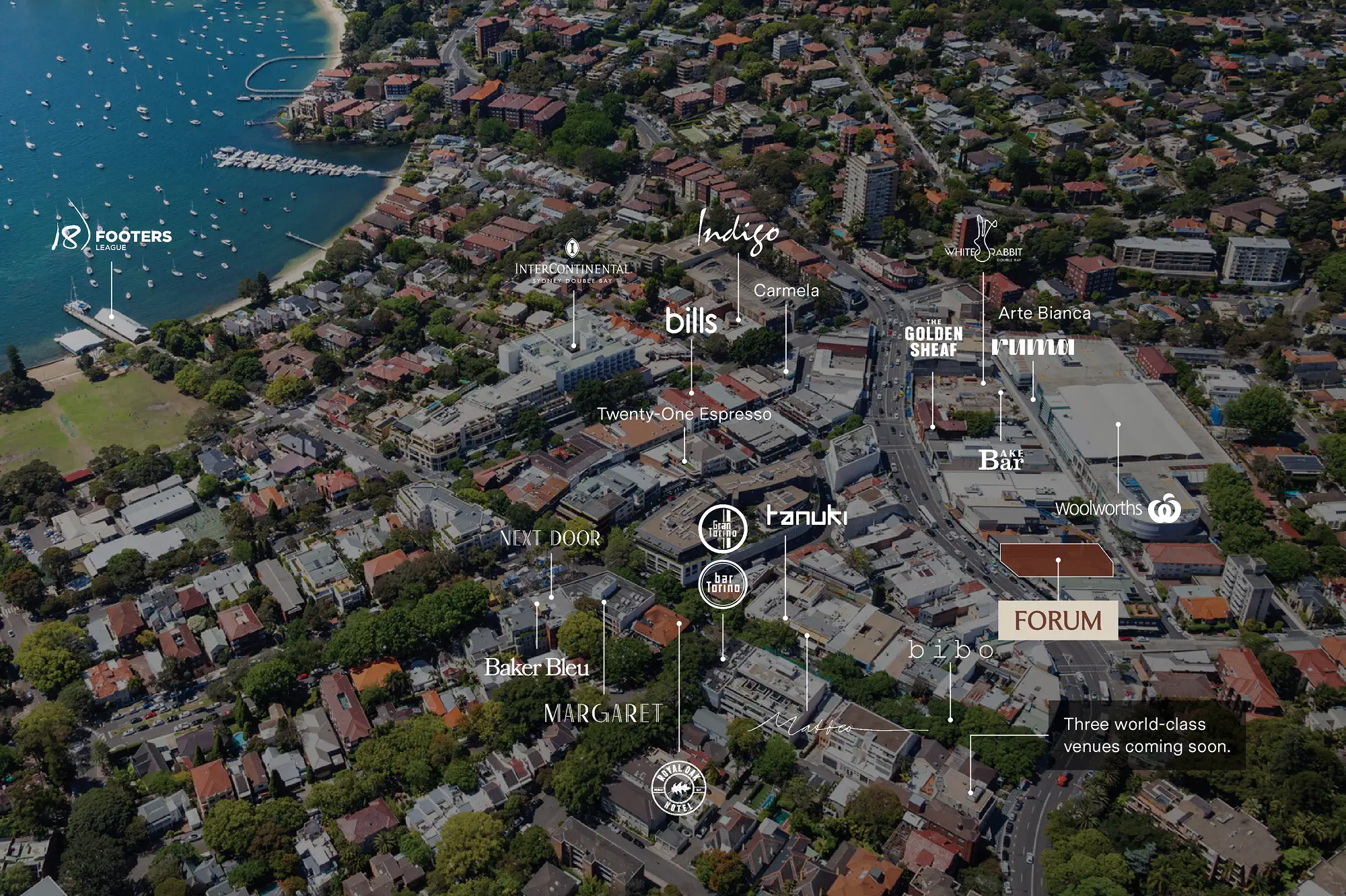 Aerial view of a coastal suburb with residential buildings, streets, and various local business locations marked.
