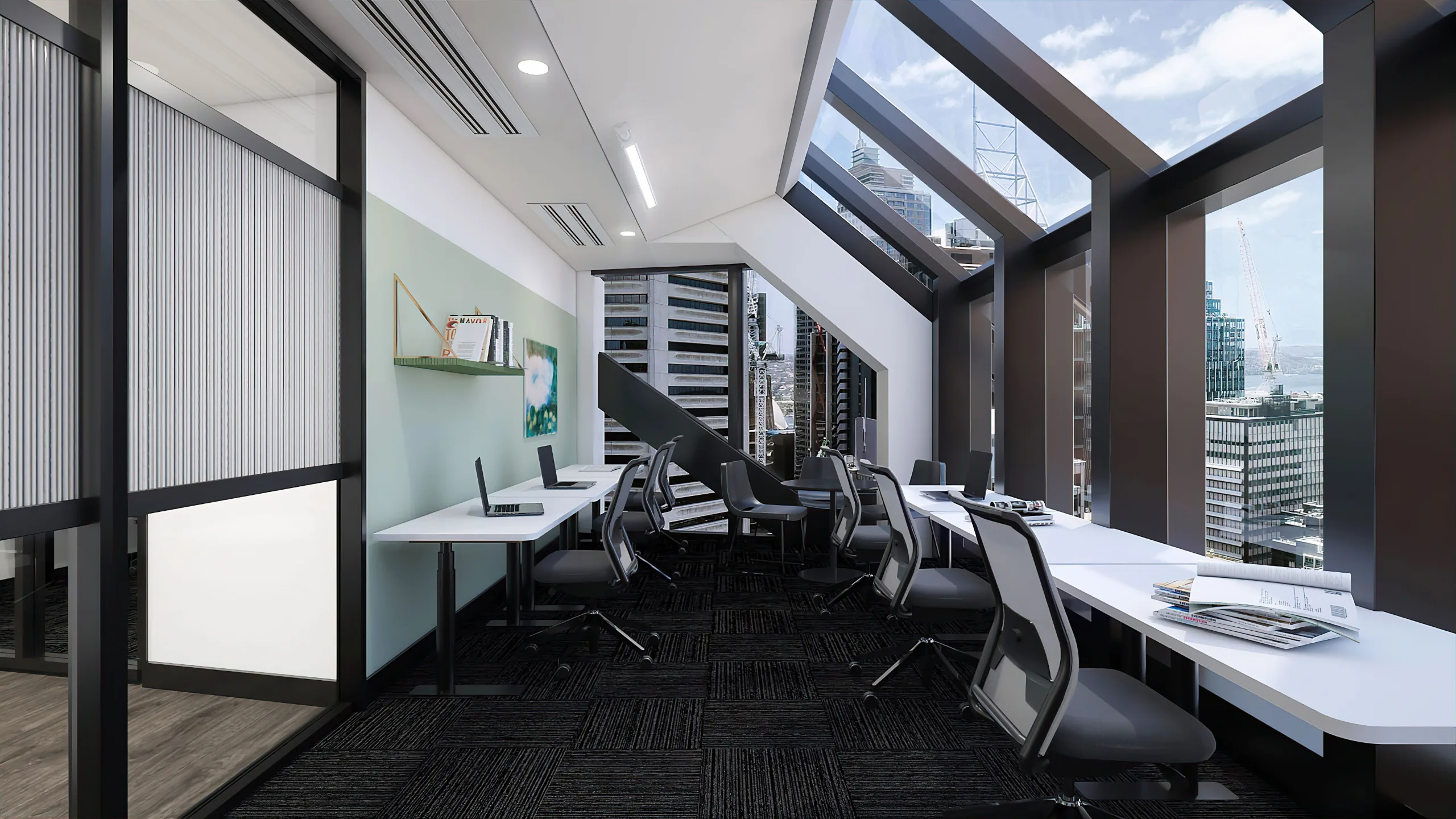 Bright modern office space with white desks, ergonomic chairs, and large windows overlooking a city skyline.